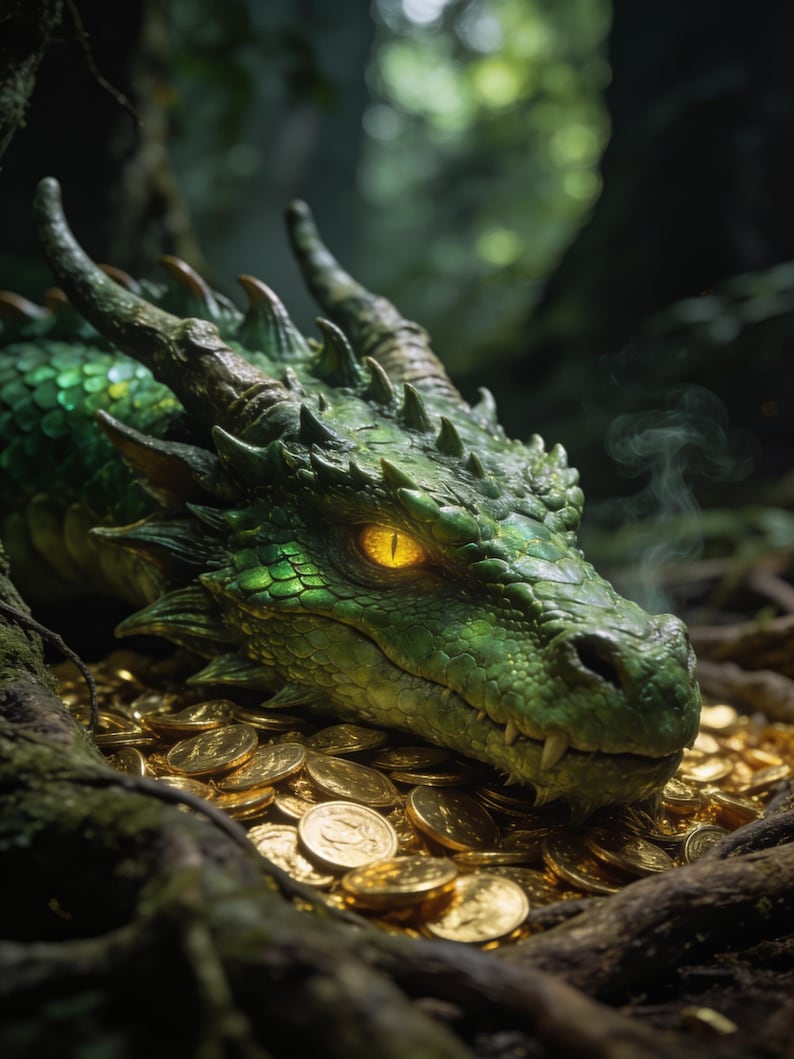 May include: A green dragon with textured scales and sharp horns resting its head on a large pile of gold coins. The dragon has a glowing yellow eye and visible smoke rising from its snout, set against a dark, forest-like environment.
