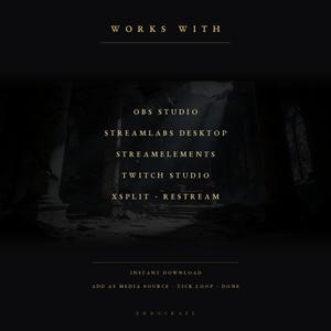 Op de afbeelding: Een donkere digitale afbeelding met de tekst WORKS WITH gevolgd door een lijst met software waaronder OBS STUDIO, STREAMLABS DESKTOP, STREAMELEMENTS, TWITCH STUDIO, XSPLIT en RESTREAM. Onderaan staat de tekst INSTANT DOWNLOAD, ADD AS MEDIA SOURCE, TICK LOOP, DONE en ENDOCRAFT.