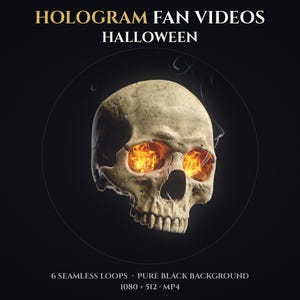 May include: A digital graphic featuring a human skull with bright orange flames inside the eye sockets. The text reads HOLOGRAM FAN VIDEOS HALLOWEEN, 6 SEAMLESS LOOPS, PURE BLACK BACKGROUND, 1080 x 512, MP4. The skull is off-white with realistic textures.