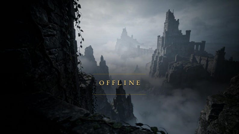 Op de afbeelding: Een digitale landschapsillustratie met een donker stenen kasteel op een grillige klif te midden van dikke mist en wolken. Het woord OFFLINE staat in gouden hoofdletters gecentreerd tussen twee dunne horizontale lijnen tegen de grijze lucht.