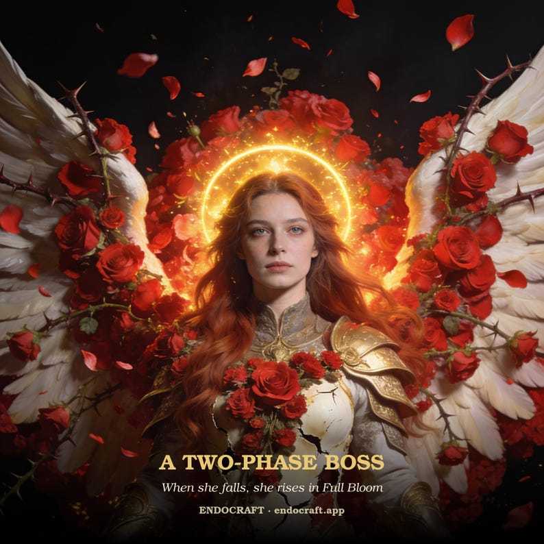 May include: A figure with long red hair and white wings adorned with red roses and thorny vines. A glowing golden halo encircles the head. The figure wears ornate gold armor. Text reads: A TWO-PHASE BOSS, When she falls, she rises in Full Bloom, ENDOCRAFT.