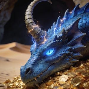 May include: A blue dragon with a single curved horn and glowing light blue eyes rests upon a large pile of gold coins. Electric sparks emanate from the base of the horn, and the dragon features textured scales and sharp, pointed fins along its head.