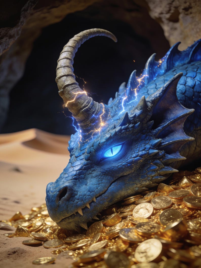 May include: A blue dragon with a single curved horn and glowing light blue eyes rests upon a large pile of gold coins. Electric sparks emanate from the base of the horn, and the dragon features textured scales and sharp, pointed fins along its head.