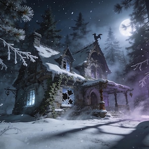 Pu&ograve; includere: Una casa in pietra con il tetto coperto di neve e una finestra rotta si trova in una foresta buia di notte. La scena presenta una luna piena, neve che cade e edera che si arrampica sulle pareti esterne. Una banderuola in metallo adorna il tetto.