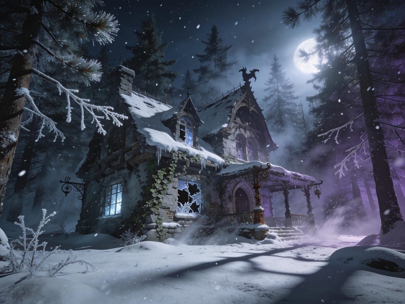 Pu&ograve; includere: Una casa in pietra con il tetto coperto di neve e una finestra rotta si trova in una foresta buia di notte. La scena presenta una luna piena, neve che cade e edera che si arrampica sulle pareti esterne. Una banderuola in metallo adorna il tetto.