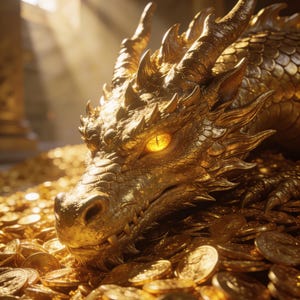 May include: A golden dragon sculpture with intricate scales and a glowing orange eye, resting atop a large pile of metallic gold coins. The dragon features sharp horns and detailed facial textures, reflecting light in a bright, warm environment.