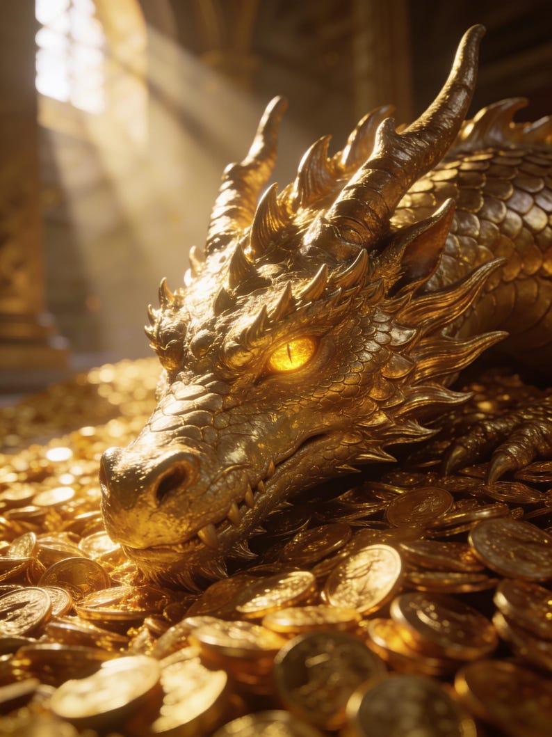 May include: A golden dragon sculpture with intricate scales and a glowing orange eye, resting atop a large pile of metallic gold coins. The dragon features sharp horns and detailed facial textures, reflecting light in a bright, warm environment.