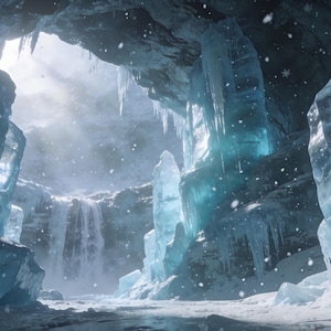 May include: A cavern interior featuring large, translucent blue ice formations and jagged crystal pillars. A waterfall flows into a frozen pool at the base, while snow falls through the light filtering from the opening at the top of the cave.