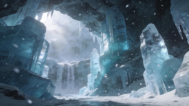 May include: A cavern interior featuring large, translucent blue ice formations and jagged crystal pillars. A waterfall flows into a frozen pool at the base, while snow falls through the light filtering from the opening at the top of the cave.