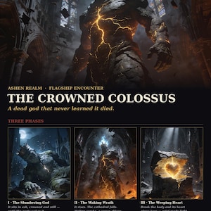 May include: A digital game encounter sheet titled The Crowned Colossus featuring a stone giant with a glowing blue crown and molten cracks. It includes three phase illustrations, the Grave-Weight mechanic, and a list of kit contents for 5e.