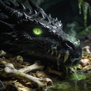 May include: A black dragon head with textured scales, sharp horns, and a glowing green eye. The dragon has sharp teeth with thick, viscous green slime dripping from its mouth, surrounded by scattered gold coins and weathered white bones.