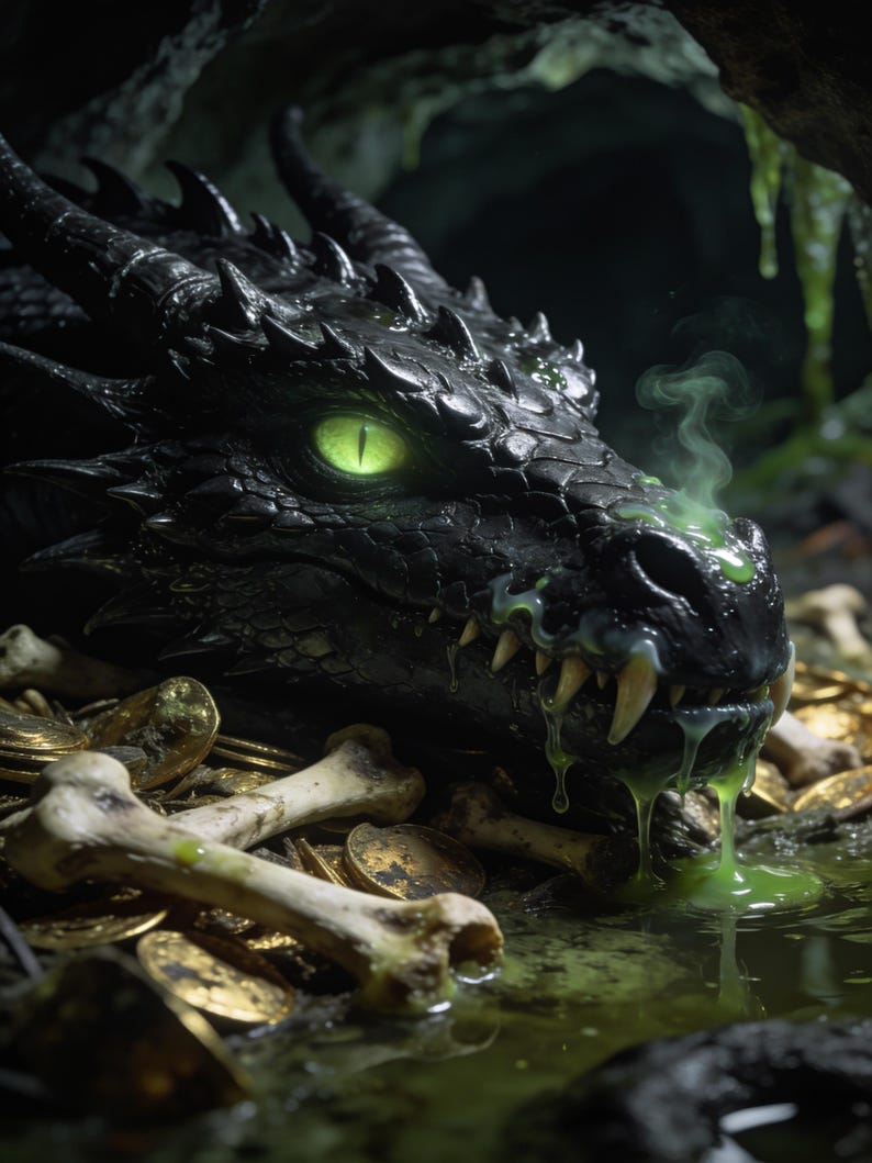 May include: A black dragon head with textured scales, sharp horns, and a glowing green eye. The dragon has sharp teeth with thick, viscous green slime dripping from its mouth, surrounded by scattered gold coins and weathered white bones.