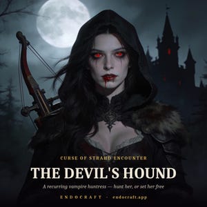Pu&ograve; includere: Una cacciatrice di vampiri con occhi rossi luminosi, capelli scuri e mantello nero con cappuccio, che porta una balestra. Il testo recita: CURSE OF STRAHD ENCOUNTER THE DEVIL'S HOUND A recurring vampire huntress &mdash; hunt her, or set her free ENDOCRAFT &middot; endocraft.app