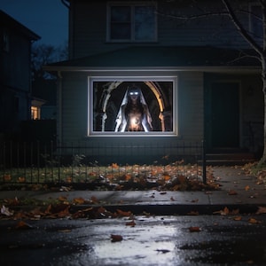 May include: A rectangular window projection display featuring a glowing figure in a white bridal gown and veil standing within a stone archway. The figure has bright white eyes and holds a glowing light source against a dark, gothic background.