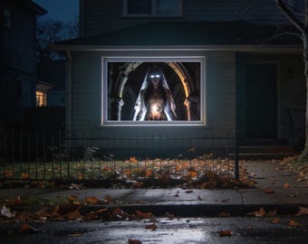 Halloween Window Projection Video | 6 Haunted Loops MP4 | Ghost Woman, Bats, Witch, Pumpkins, Spider, Clawing Hands | Digital Decor