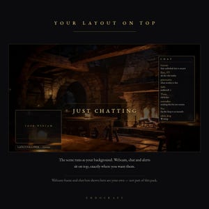 Op de afbeelding: Een digitale streaming-overlay met een donker, rustiek taverne-interieur met een stenen open haard en houten meubels. De lay-out bevat tekstelementen met de labels YOUR LAYOUT ON TOP, JUST CHATTING, CHAT, YOUR WEBCAM en LATEST FOLLOWER.
