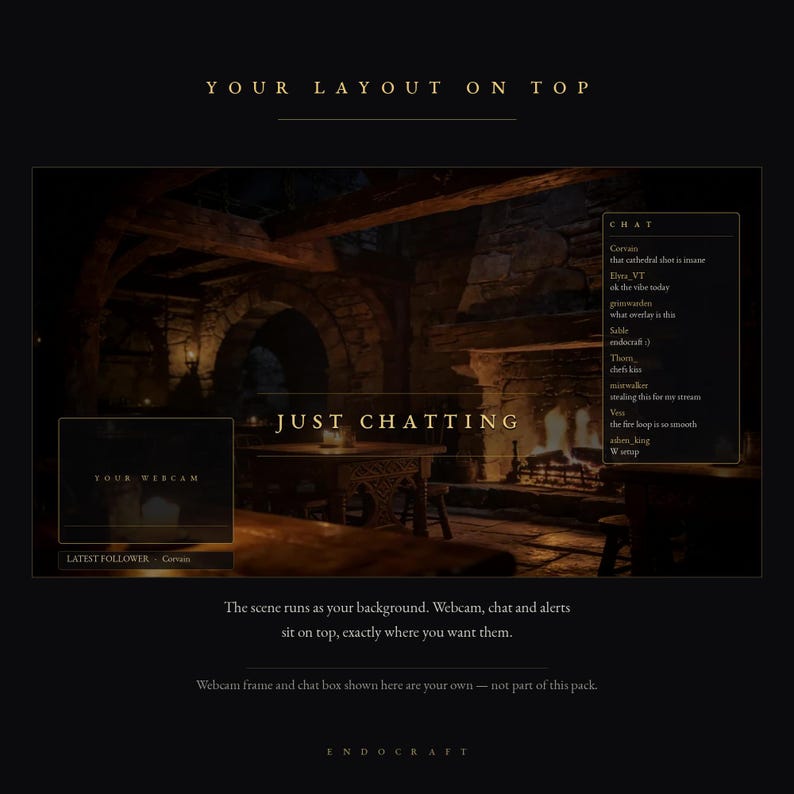 Op de afbeelding: Een digitale streaming-overlay met een donker, rustiek taverne-interieur met een stenen open haard en houten meubels. De lay-out bevat tekstelementen met de labels YOUR LAYOUT ON TOP, JUST CHATTING, CHAT, YOUR WEBCAM en LATEST FOLLOWER.