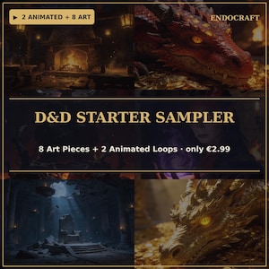 Może przedstawiać: Cyfrowa kolekcja zatytułowana D&D STARTER SAMPLER od ENDOCRAFT zawierająca 2 animowane pętle i 8 grafik. Obrazy przedstawiają kominek w tawernie, czerwonego smoka na złotych monetach, salę tronową oraz złotego smoka ze świecącymi oczami.