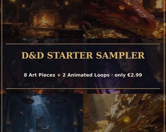 D&D Digital Art Sampler | 8 Cinematic Locations, NPCs and Dragons + 2 Animated Loops | Instant Download | Dungeon Master Gift | DnD