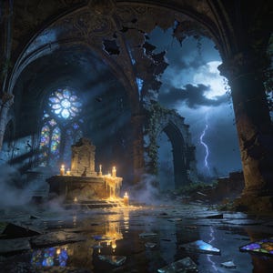 Pu&ograve; includere: L'interno di una cattedrale in pietra in rovina di notte con un altare centrale illuminato da candele gialle. La scena include una grande vetrata colorata, piastrelle di pietra rotte, nebbia fitta e un fulmine nel cielo.