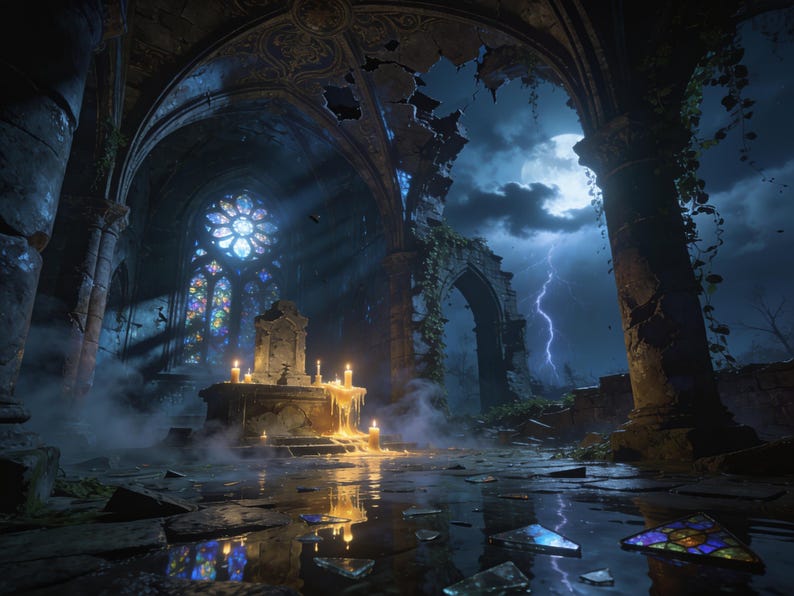 Pu&ograve; includere: L'interno di una cattedrale in pietra in rovina di notte con un altare centrale illuminato da candele gialle. La scena include una grande vetrata colorata, piastrelle di pietra rotte, nebbia fitta e un fulmine nel cielo.
