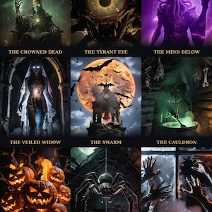 May include: A grid of nine dark fantasy illustrations titled The Crowned Dead, The Tyrant Eye, The Mind Below, The Veiled Widow, The Swarm, The Cauldron, The Hollow Lanterns, The Weaver, and The Scratching, with the text Nine Seamless 10-Second Loops Endocraft.