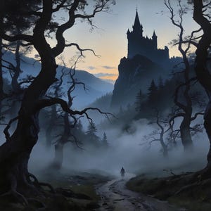 May include: A landscape painting depicts a dark, silhouetted castle atop a mountain, with a path leading through a misty forest. The scene is dominated by large, gnarled trees and a solitary figure walking towards the castle. The sky shows a gradient of orange and blue.