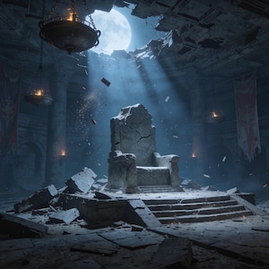 May include: A stone throne sits atop a tiered platform in the center of a ruined, cavernous hall. The structure features cracked pillars, hanging iron lanterns with flames, and a large hole in the ceiling revealing a bright full moon above.