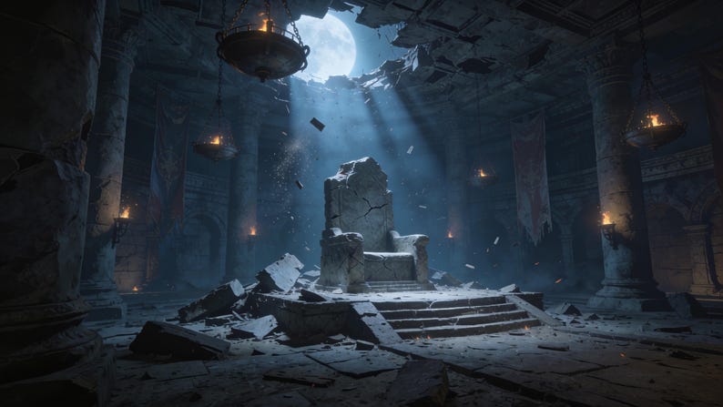 May include: A stone throne sits atop a tiered platform in the center of a ruined, cavernous hall. The structure features cracked pillars, hanging iron lanterns with flames, and a large hole in the ceiling revealing a bright full moon above.