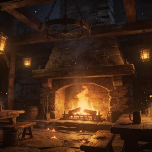 May include: A rustic tavern interior featuring a large stone fireplace with a burning fire, wooden tables, and benches. Several metal mugs sit on the tables. The room is illuminated by warm, glowing hanging lanterns suspended from exposed wooden ceiling beams.
