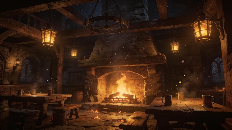 May include: A rustic tavern interior featuring a large stone fireplace with a burning fire, wooden tables, and benches. Several metal mugs sit on the tables. The room is illuminated by warm, glowing hanging lanterns suspended from exposed wooden ceiling beams.