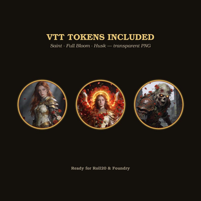 May include: Three circular VTT tokens featuring digital illustrations of a saint, a figure in full bloom, and a husk. The text reads VTT TOKENS INCLUDED, Saint, Full Bloom, Husk, transparent PNG, and Ready for Roll20 & Foundry on a black background.