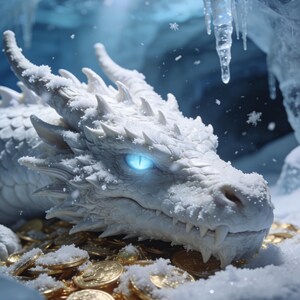May include: A white dragon with glowing blue eyes resting on a pile of gold coins. The dragon is covered in a light dusting of snow, and the scene is set within a cold, icy cavern environment featuring hanging icicles and falling snowflakes.