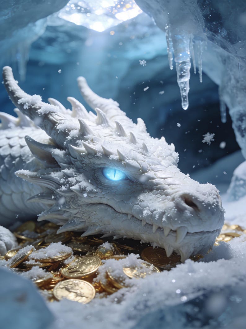 May include: A white dragon with glowing blue eyes resting on a pile of gold coins. The dragon is covered in a light dusting of snow, and the scene is set within a cold, icy cavern environment featuring hanging icicles and falling snowflakes.