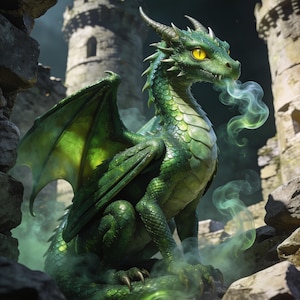 May include: A detailed image of a green dragon with yellow eyes, sitting among rocks. The dragon exhales green smoke, with a medieval castle in the background. The dragon has large wings and horns.
