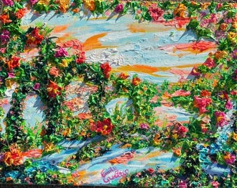 重厚な質感のアクリル画：鮮やかな花と夕日の風景画