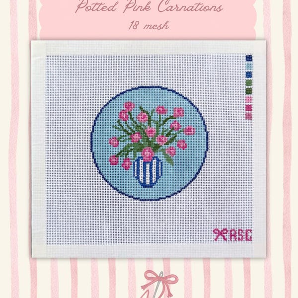 Lienzo para bordar con claveles rosas en maceta, pintado a mano (18 puntos por pulgada)