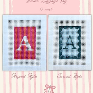 May include: Two initial luggage tags are displayed, one with a striped pattern in pink and orange, and the other with a curved design in teal. Both feature the letter "A" in white. The text "Initial Luggage Tag" and "13 mesh" are visible.