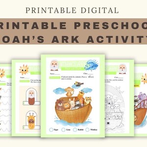 May include: A set of printable digital preschool activity sheets featuring Noah's Ark themes. The pages include illustrations of a wooden ark with various animals, a sun, clouds, and water, alongside text prompts for tracing, coloring, and matching exercises.
