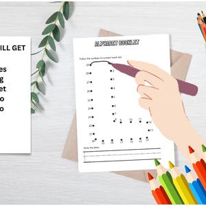 May include: An educational image featuring a white paper with the text "ALPHABET BOOKLET" and a hand tracing the letter "J". The text "WHAT YOU WILL GET" and "26 Pages tracing alphabet A-Z to learn to write" are also visible. A cup of colored pencils and other pencils are also present.