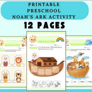 May include: A 12-page printable preschool Noah's Ark activity set featuring colorful illustrations of animals, a wooden ark, a rainbow, and a sun. The pages include interactive tasks like cutting out finger puppets, coloring, and circling animals.