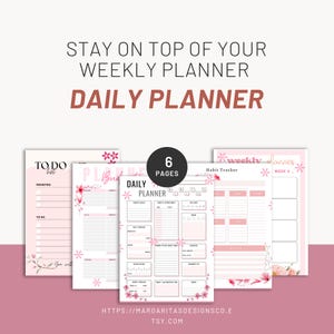 May include: A set of six printable planner pages featuring a soft pink floral theme. The sheets include sections for a to-do list, budget, daily planner, habit tracker, and weekly planner. Each page contains organized grids and text labels.