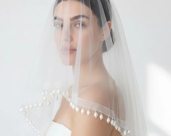Dainty Teardrop Pearl Veil, Elbow Mid Length Single Tier, No Comb Wedding Veils, Bride To Be Headpiece, Anniversary Gift, Beaded Soft Tulle