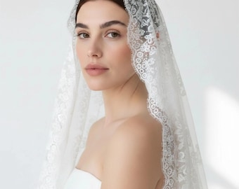 French Vintage Lace Wedding Veil, Embroidered Mantilla Bridal Wrap, Soft Tulle Cathedral Cape, Victorian Church Headpiece, Romantic Shrug
