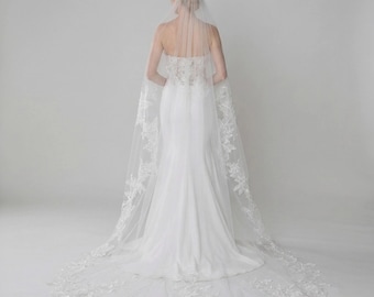 Lace Wedding Veil,  Bridal Headpiece, Floral Embroidery Soft Tulle, Cathedral Length Mantilla, Romantic Hair Accessory, Custom Bride