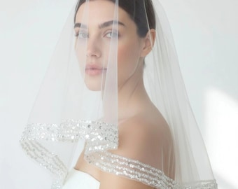 Sparkling Lace Wedding Veil with Sequins, Handcrafted Beaded Cathedral Bridal Wrap, Shimmering Long Tulle Train, Elegant Marriage Accessory