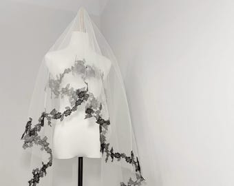 Black Lace Wedding Veil,Gothic Embroidered Bridal Cathedral Mantilla,Boho Flower Lace Hair Piece,Alternative Bridal Portrait Props
