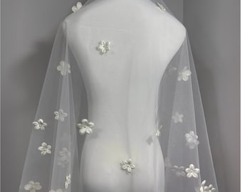 3D Floral Lace Wedding Veil, Romantic Bridal Cape with Embroidered Flowers, Chapel Length Flower Tulle, Cathedral Veil No Comb, Custom