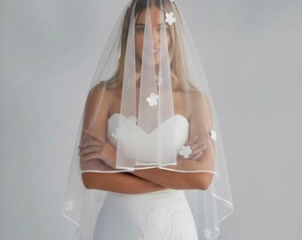 French Floral Wedding Veil, 3D Flower Bridal Headpiece, No Comb Cathedral Lace Mantilla, Soft Tulle Chapel Shroud, Custom Petal Drop Veil