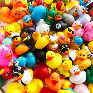 May include: A vibrant collection of rubber ducks in various colors and designs. Some ducks wear hats, sunglasses, and other accessories. The ducks are yellow, pink, blue, green, and orange.